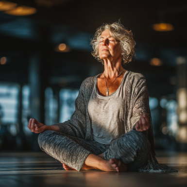 Група літніх людей займається йогою на природі