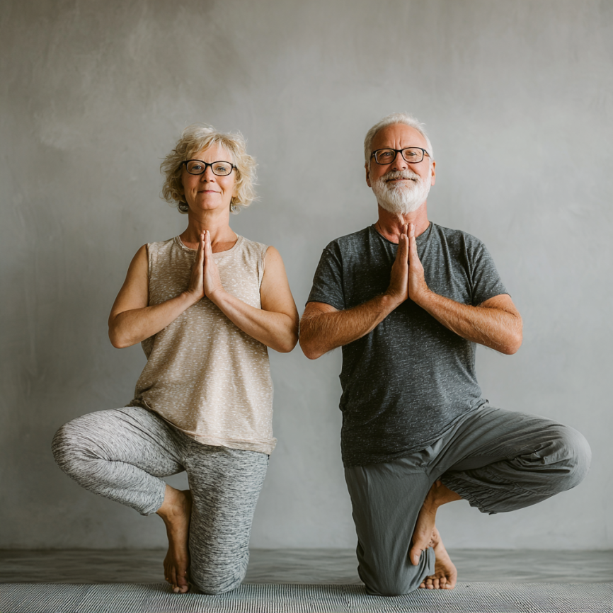 Група літніх людей практикує медитацію